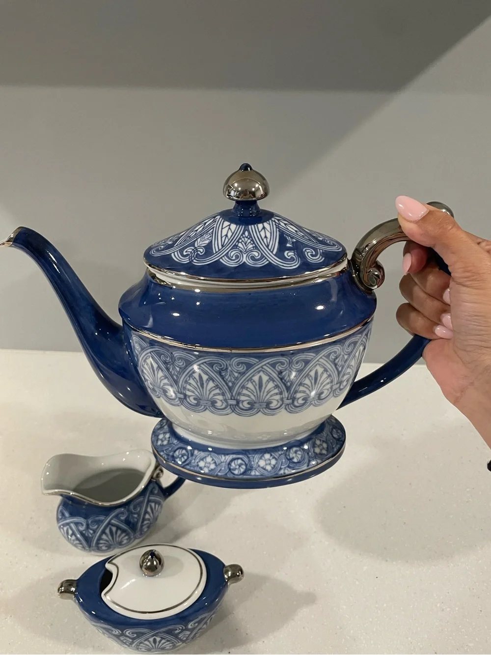 Bombay Blue & White Porcelain Tea Set – Teapot, Creamer & Lidded Sugar Bowl